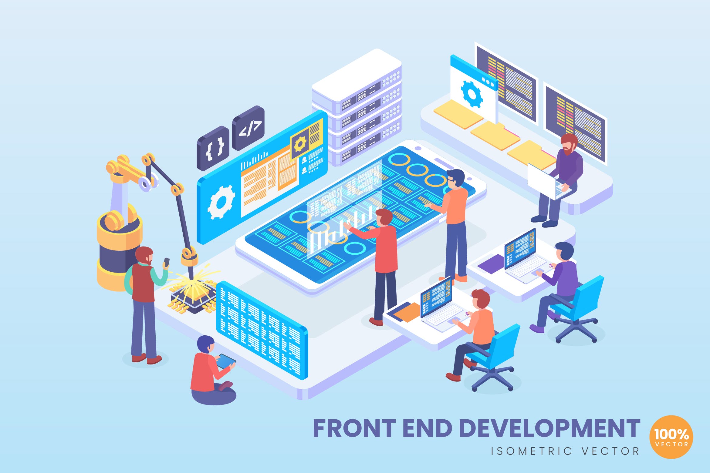 前端开发主题等距矢量概念插画 Isometric Front End Development Vector Concept