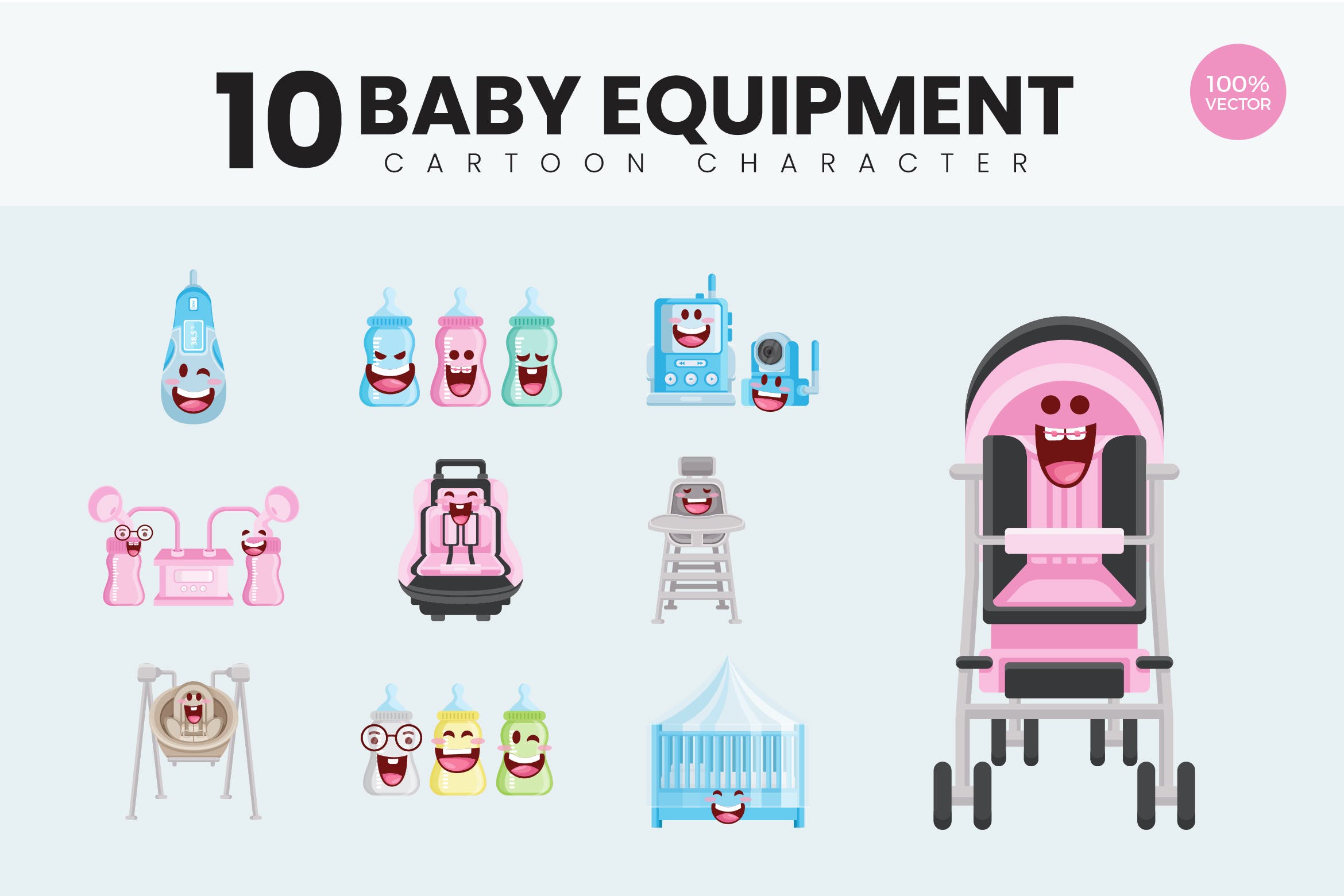 10个婴儿设备用具用品可爱卡通形象矢量插画 10 Cute Baby Equipment Vector Illustration
