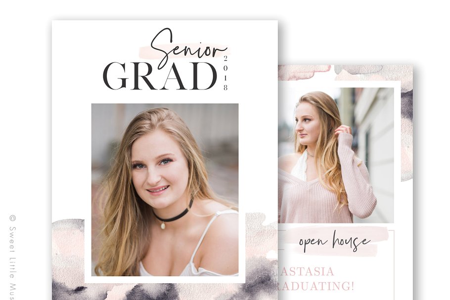 高级水彩背景毕业照卡片模板 Watercolor Senior Graduation Card