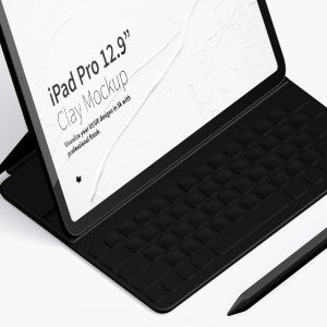 附带键盘iPad Pro平板电脑UI设计效果图左视图样机 Clay iPad Pro 12.9” Mockup, Isometric Left View With Keyboard插图2