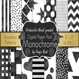 黑白水彩无缝纸质背景素材 Monochrome Watercolor Digital paper