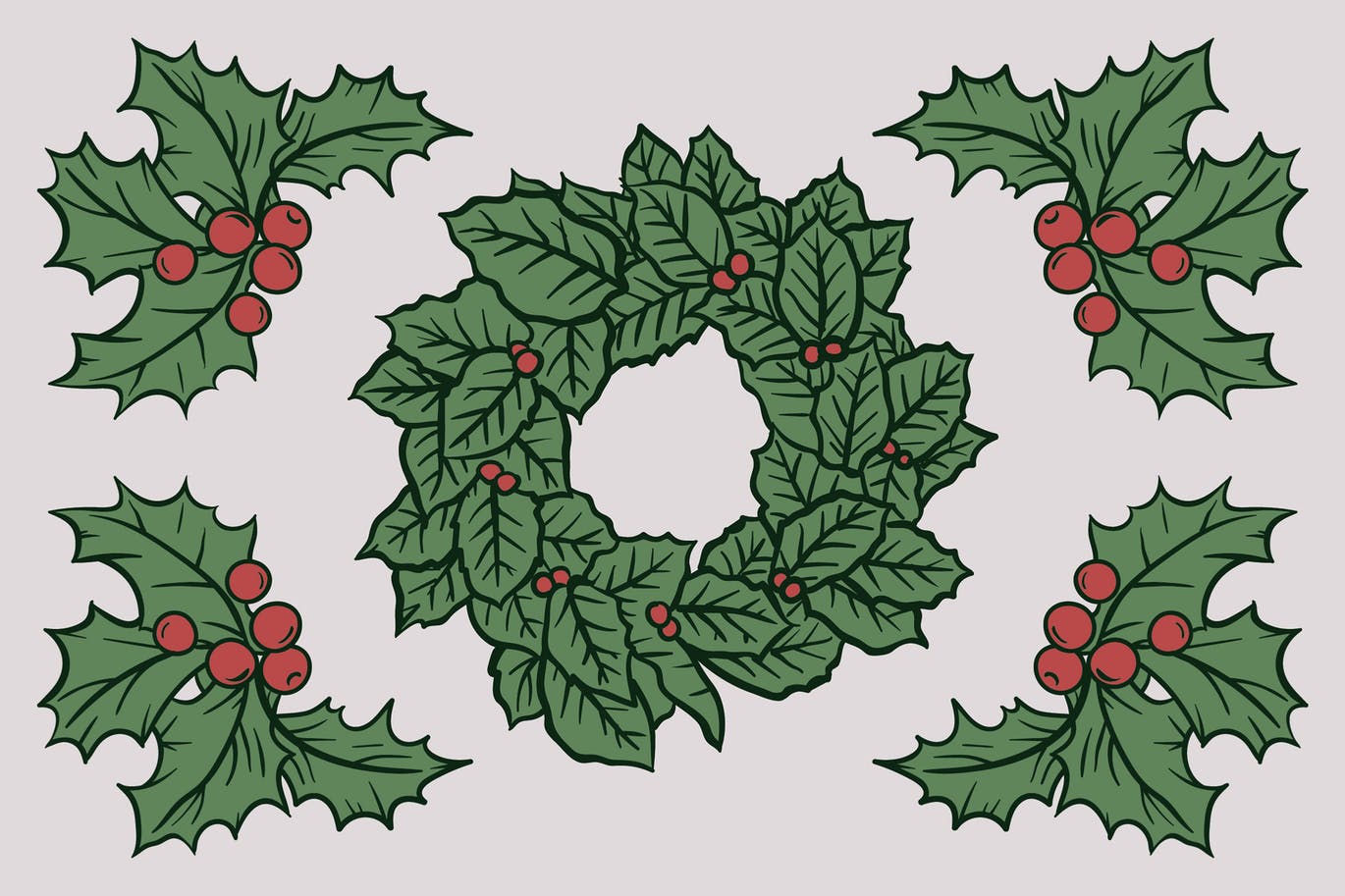 圣诞节浆果&树叶矢量手绘矢量素材 Christmas Autumn Berries Drawing