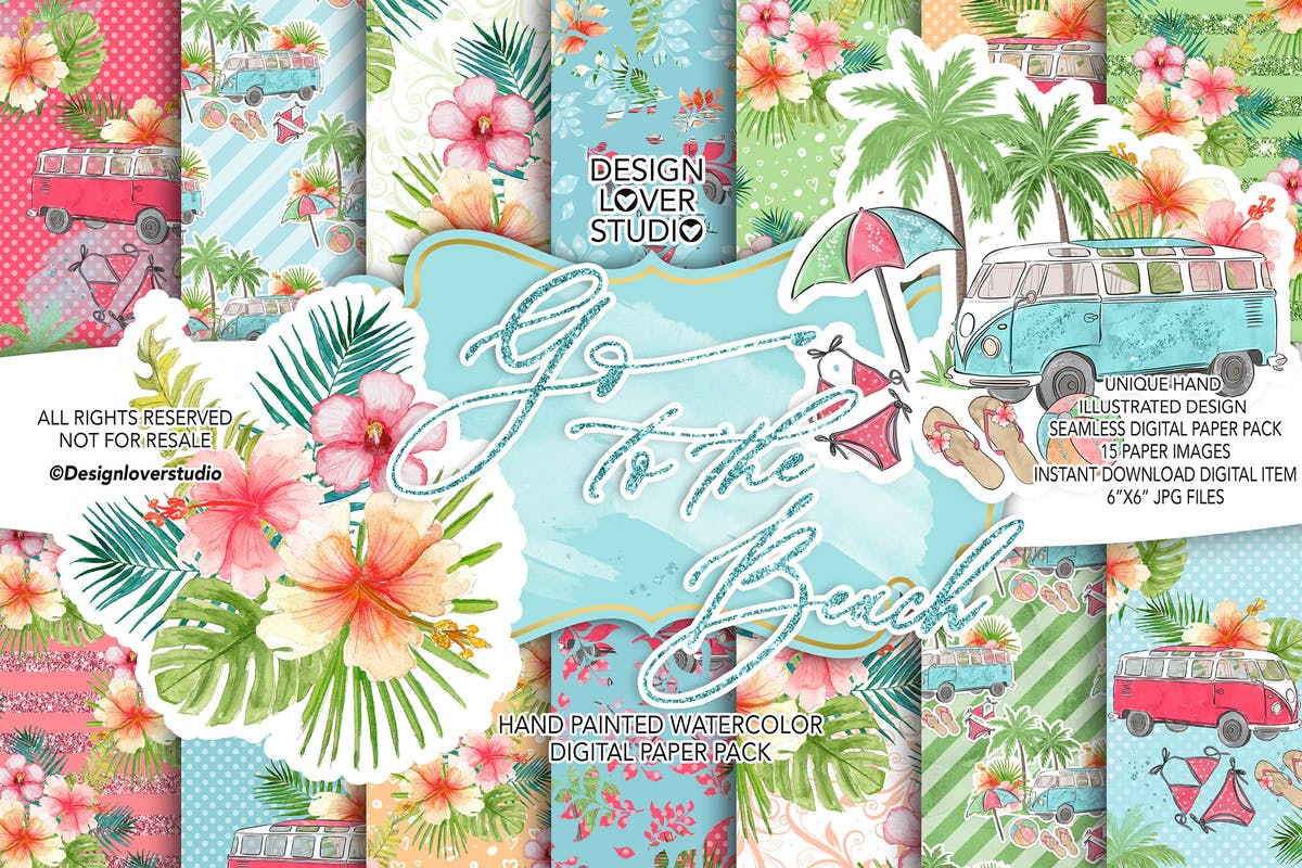 夏季海滩主题水彩花卉纸张图案背景套装 Go to the Beach digital paper pack