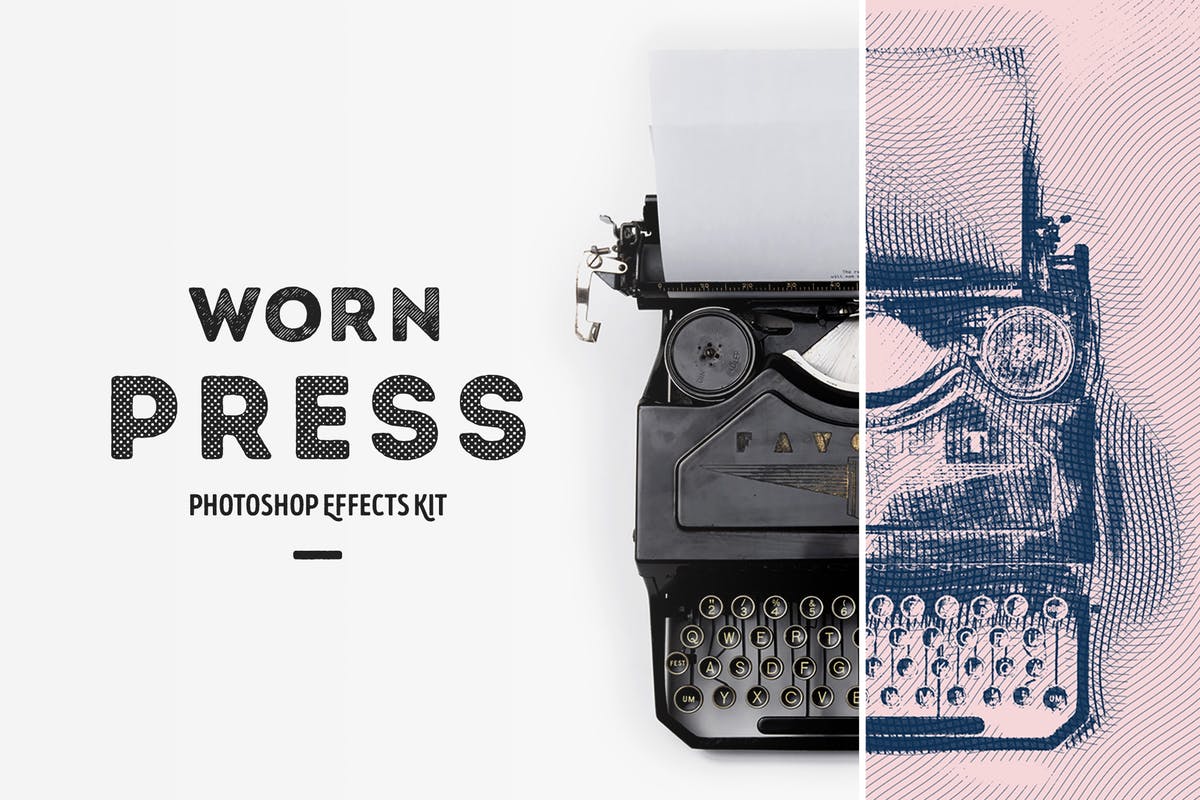 一键生成怀旧老照片效果PSD分层模板 Worn Press Photoshop Effects Kit