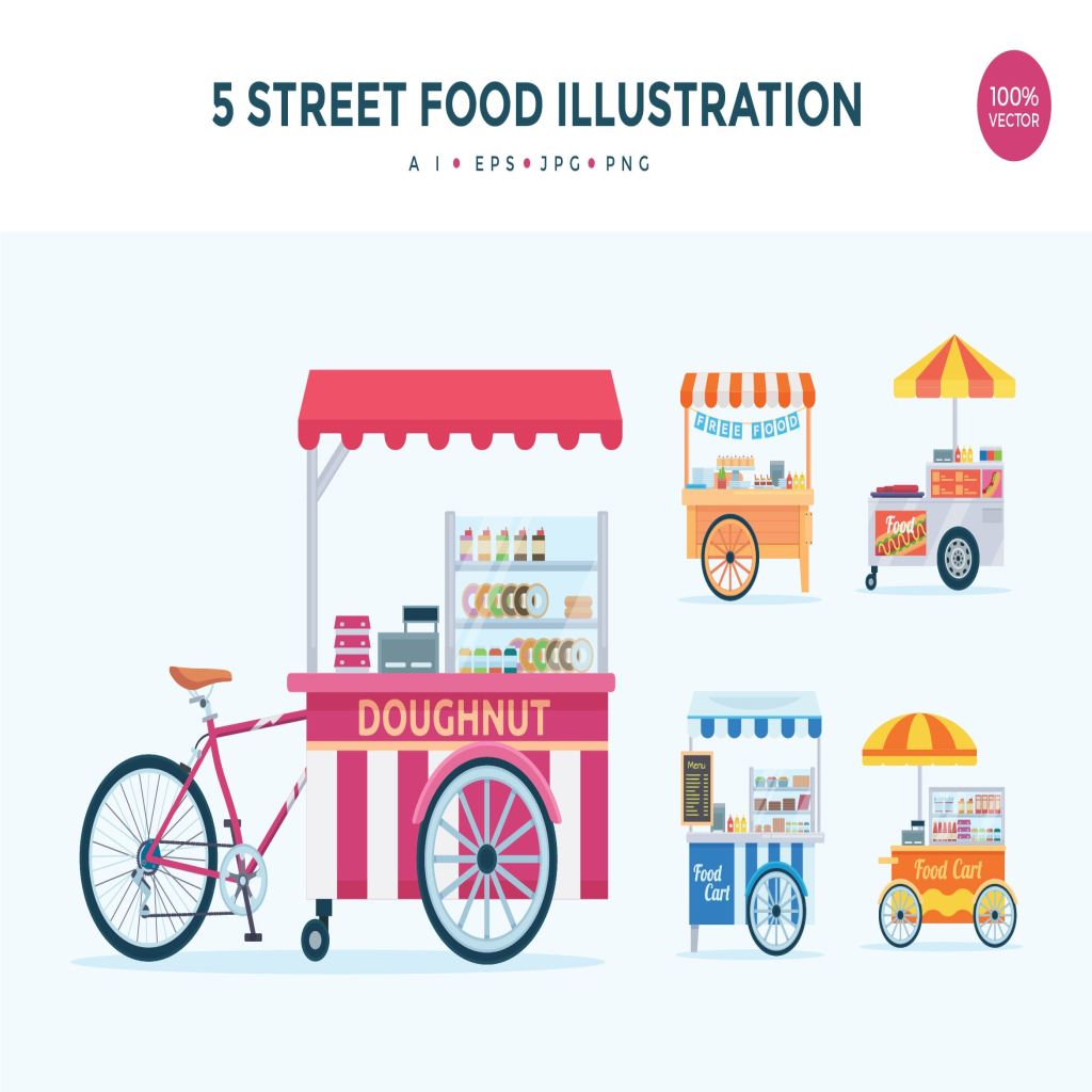 5个移动食品摊位/餐车矢量图形插画素材 5 Street Food Stall Vector Illustration Set插图
