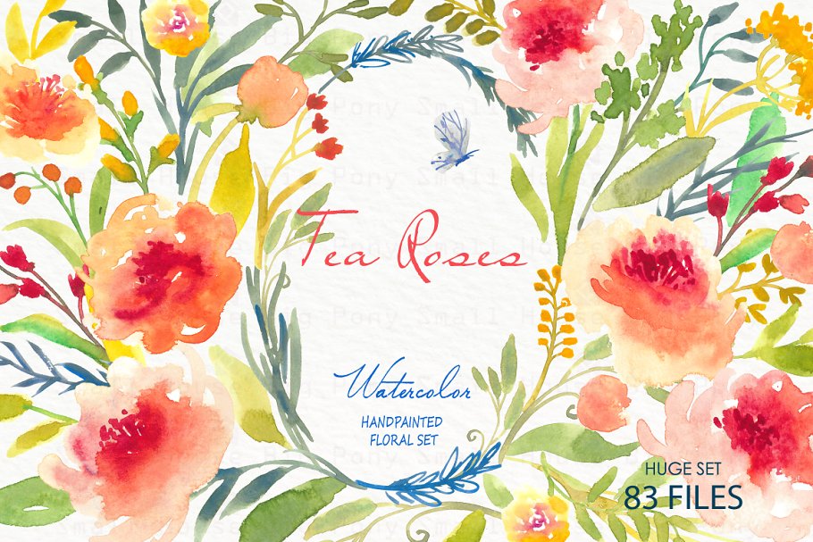 水彩手绘玫瑰花剪贴画合集 Tea Roses-Watercolor Clip Art