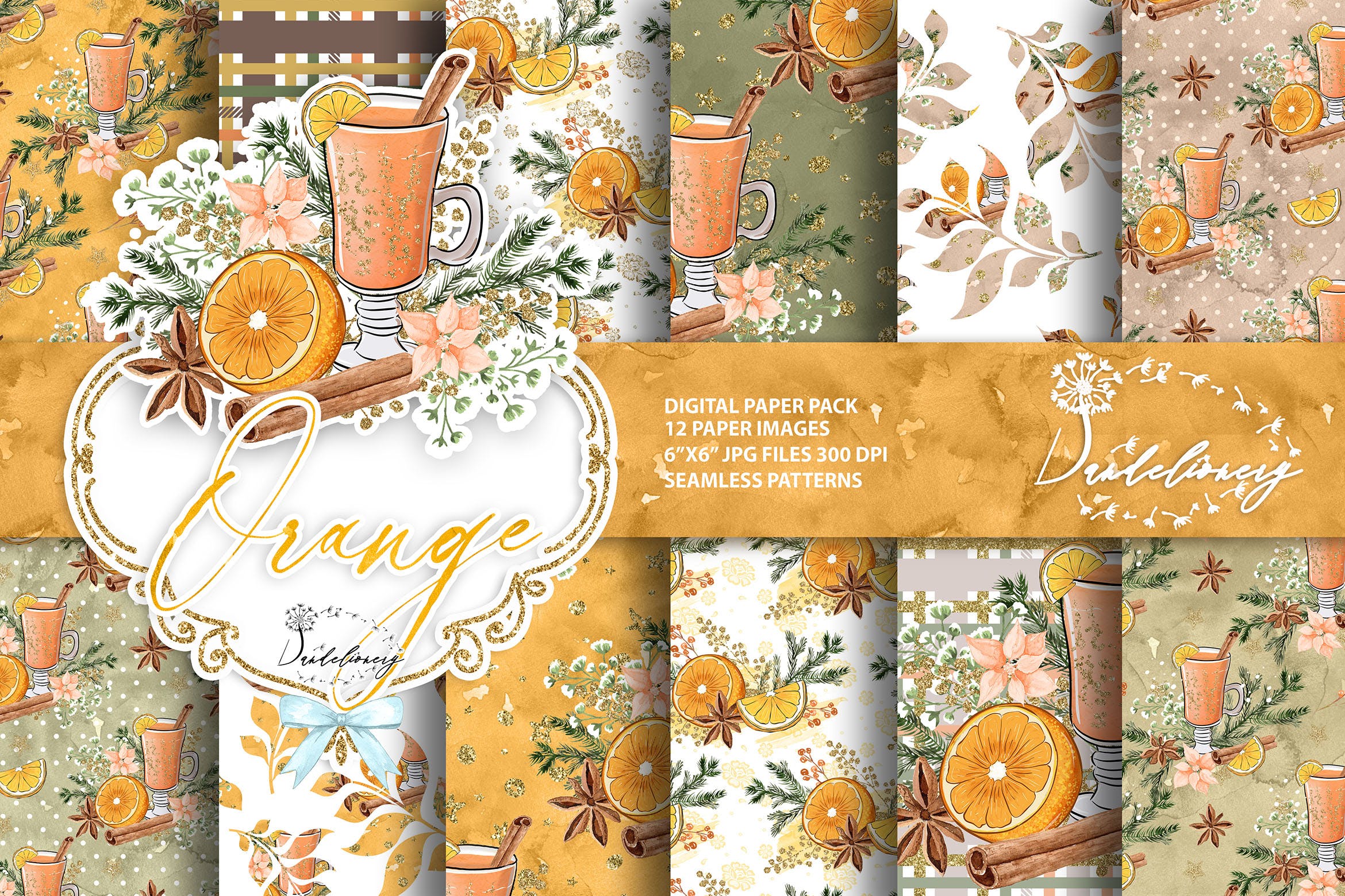 橙色圣诞节主题数码纸张背景素材 Christmas Orange digital paper pack