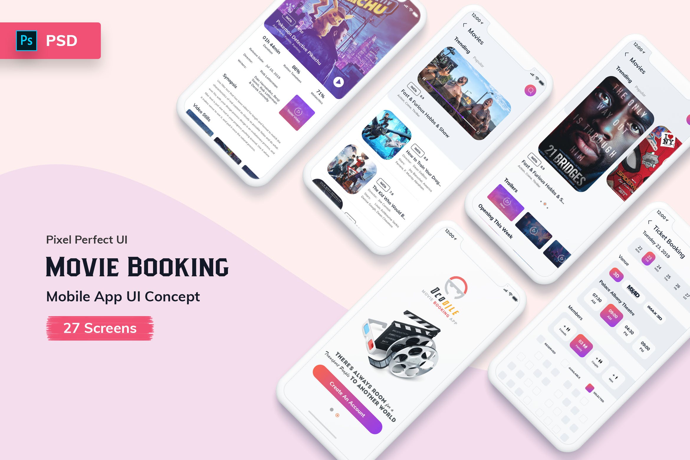 电影票预订APP应用UI设计套件PSD模板 Ocodile-Movie Booking Mobile App UI Kit Light