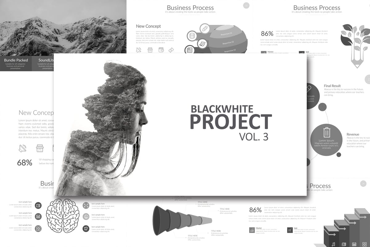 黑白设计风格项目规划PPT幻灯片模板 Black White Project Vol. 3 Powerpoint