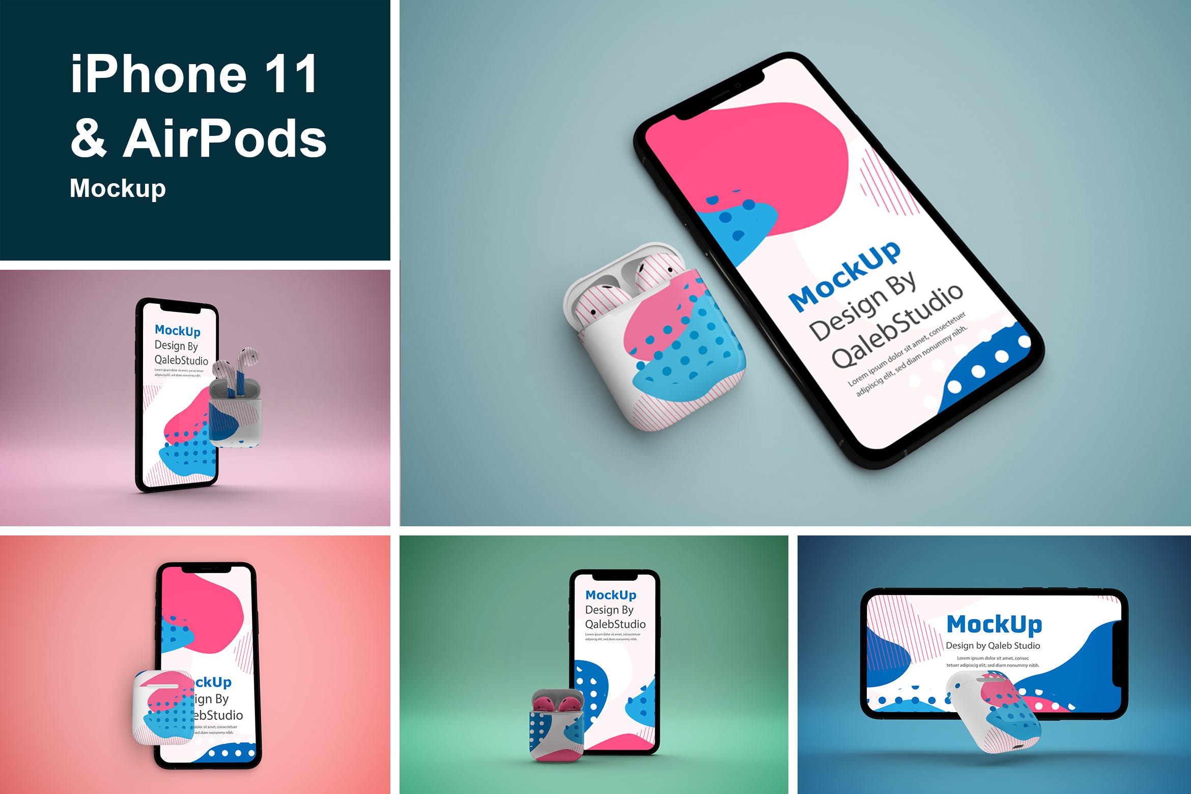 创意设计风格iPhone 11 & AirPods样机模板 iPhone 11 & AirPods Mockup