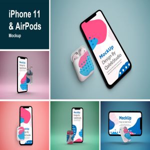 创意设计风格iPhone 11 & AirPods样机模板 iPhone 11 & AirPods Mockup插图1