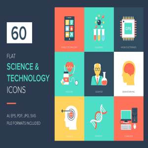 60个科学技术主题扁平矢量图标 60 Science and Technology Flat Icons