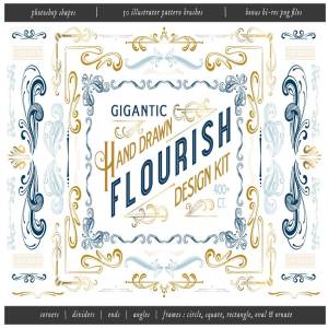 手绘花纹设计套件(400 +花卉设计元素) Hand Drawn Flourish Design Kit