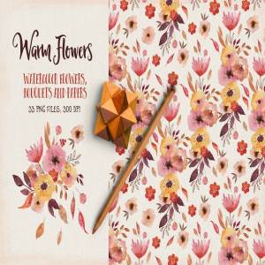 暖色系水彩花卉剪贴画 Warm Flowers