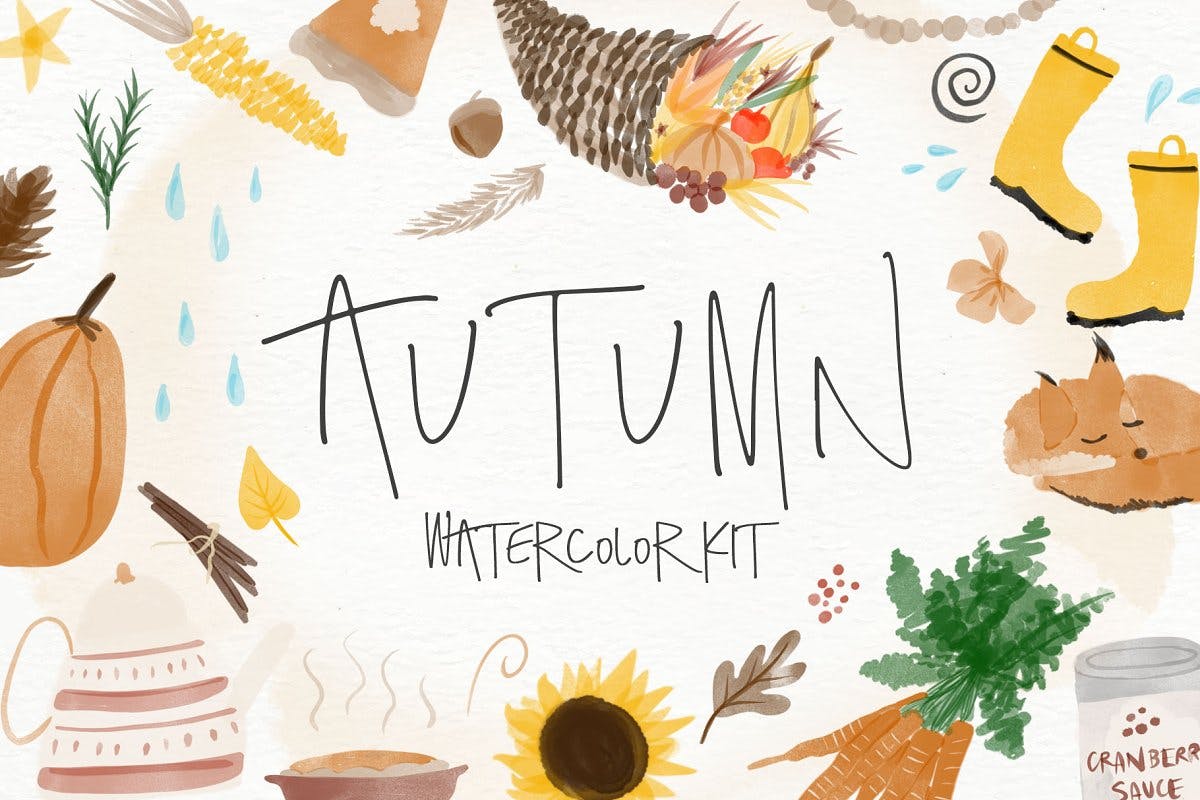 秋天主题水彩手绘图案设计素材包 Autumn Watercolor Kit