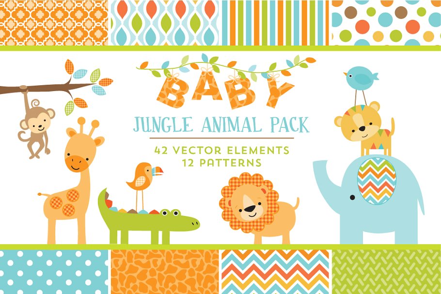 婴儿丛林动物图案背景素材 Baby Jungle Animal Graphics Patterns