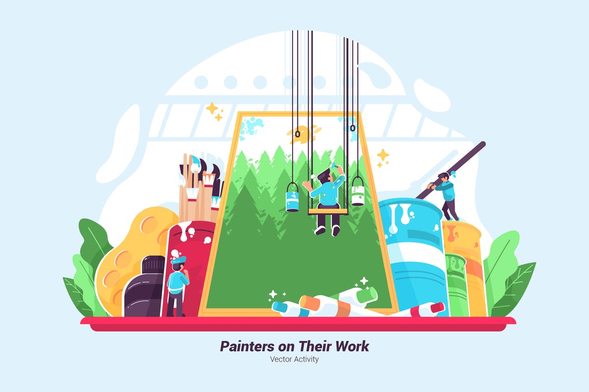 画家艺术创作工作矢量插画素材 Painters On Their Work – Vector Illustration