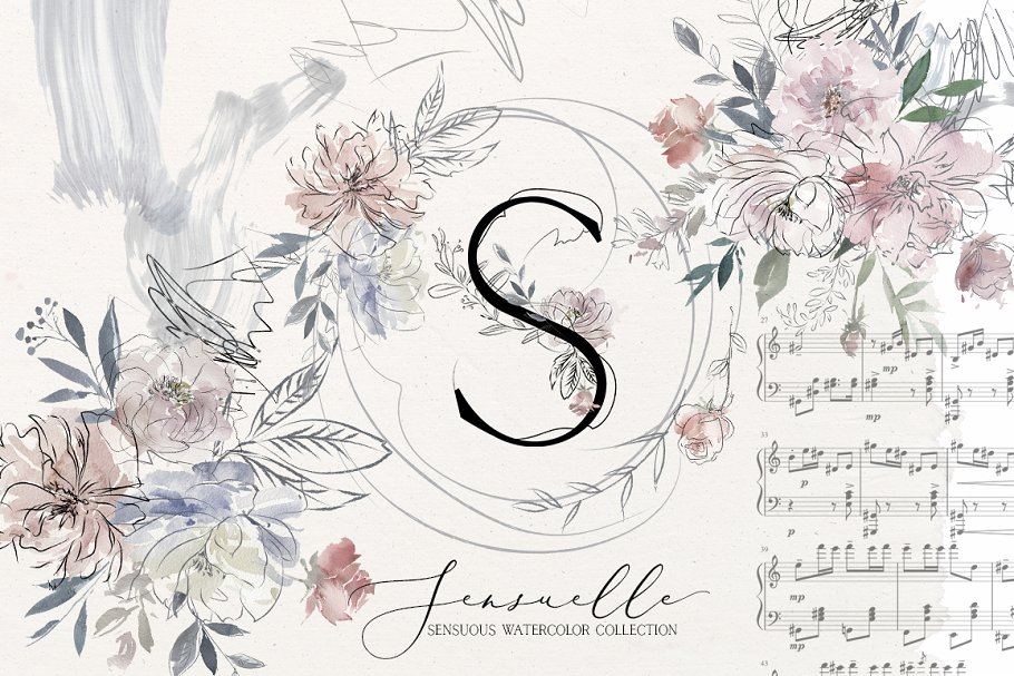 线条性感水彩花卉剪贴画、字体 Sensuale Watercolor Floral Clipart