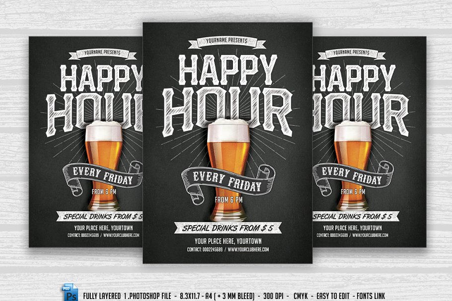欢乐时光啤酒节宣传传单模板 Happy Hour Flyer