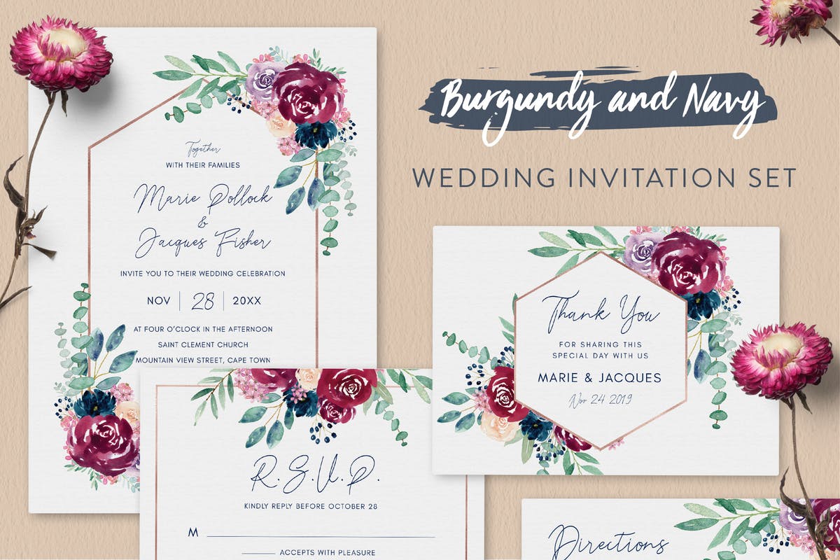 紫红色&海军蓝水彩花卉婚礼邀请函设计模板 Wedding Invitation Set – Burgundy & Navy