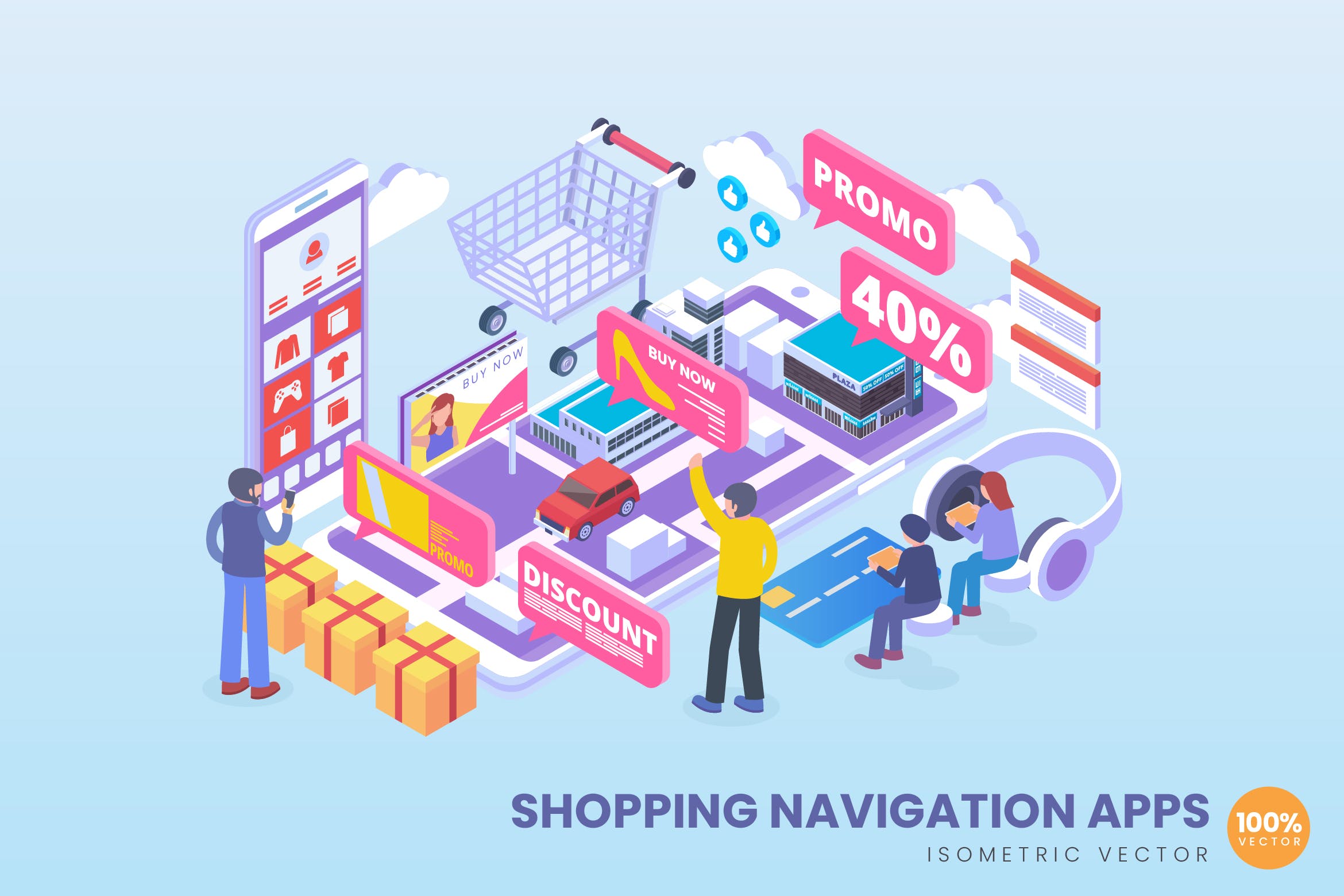 购物导航APP应用2.5D矢量等距概念插画 Isometric Shopping Navigation Apps Vector Concept