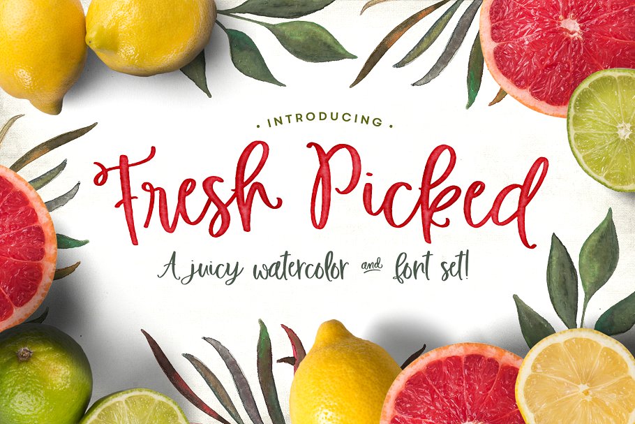 新挑选的水彩素材和字体工具包 Fresh Picked Watercolor & Font Kit