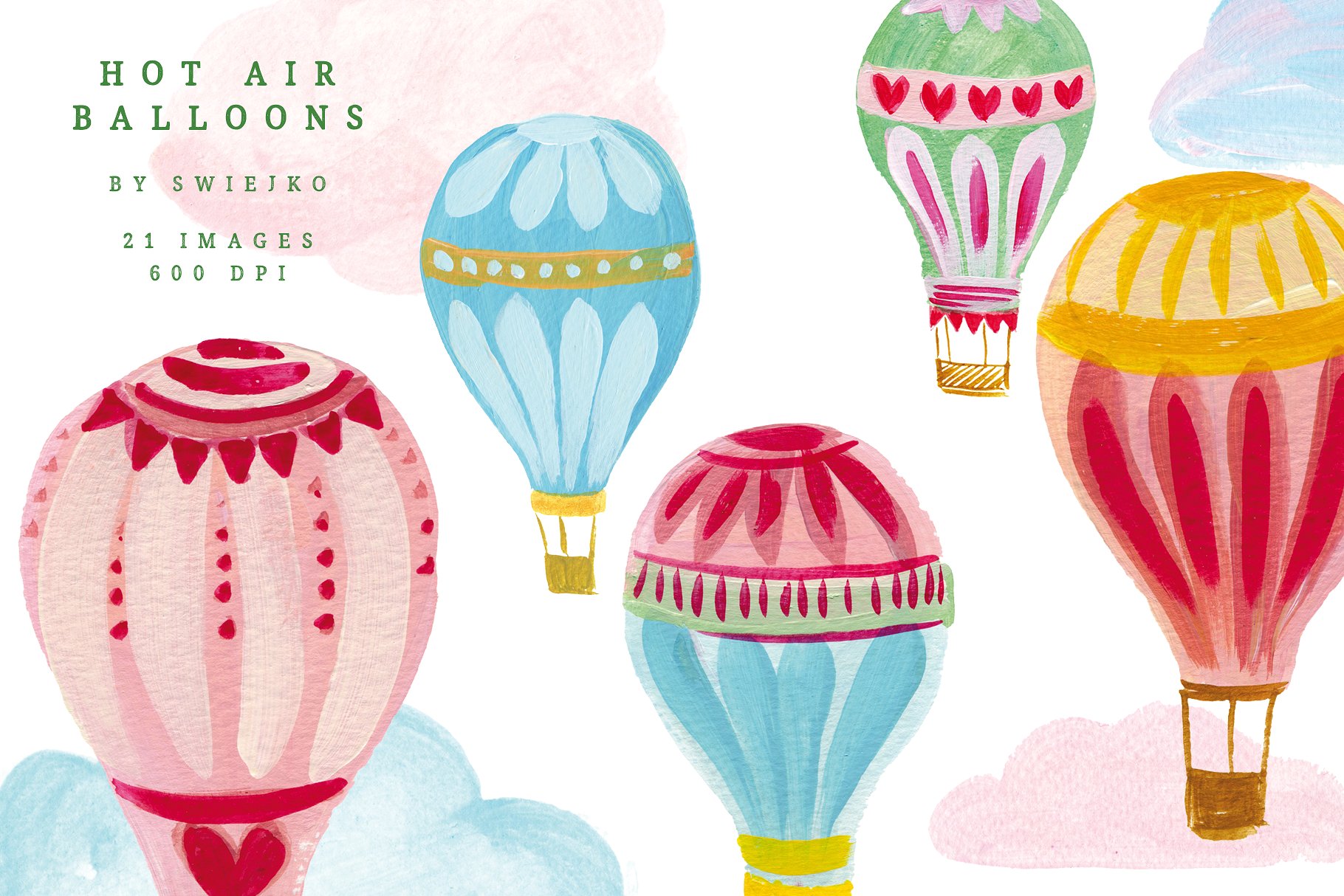 亚克力手绘小清新热气球插图 Hot Air Balloons clipart set