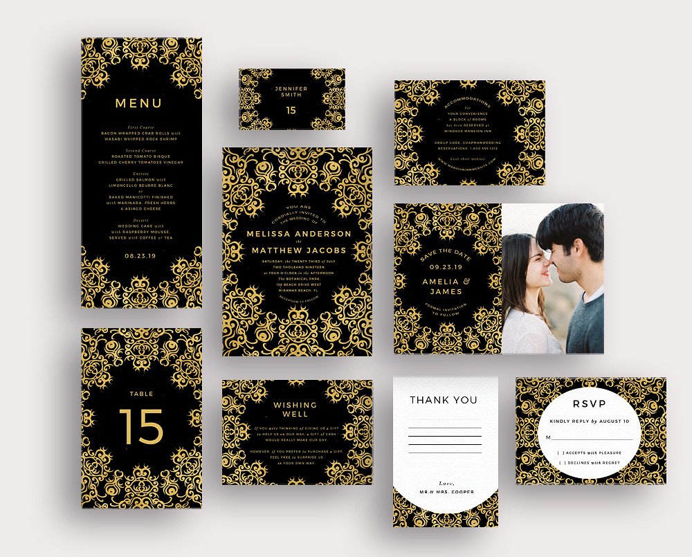 黑金装饰风格婚礼邀请函模板 Gold Ornate on Black