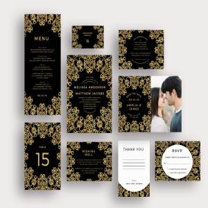 黑金装饰风格婚礼邀请函模板 Gold Ornate on Black
