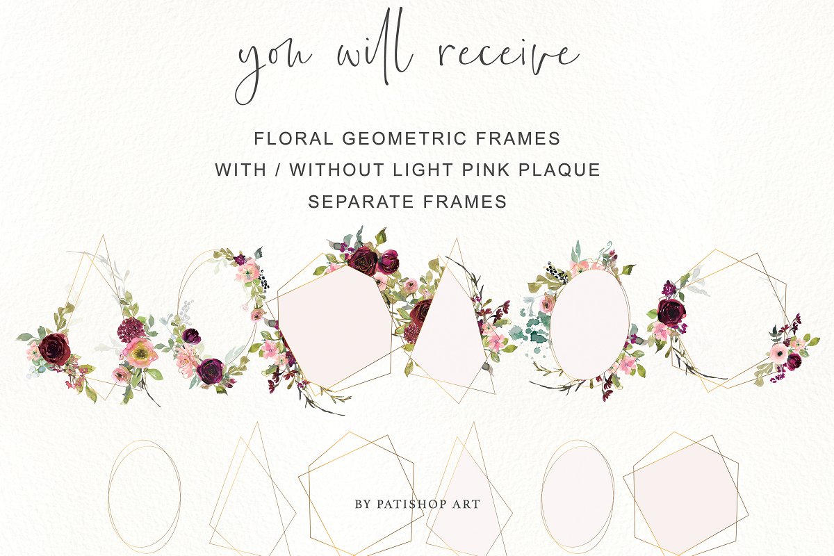 金色&勃艮第深红花卉水彩插画合集