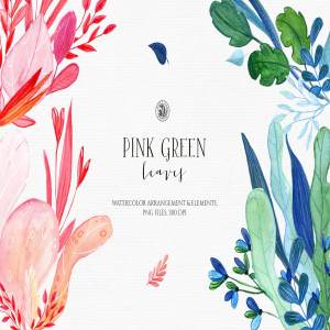 水彩手绘粉绿色叶子插画合集 Pink Green Leaves