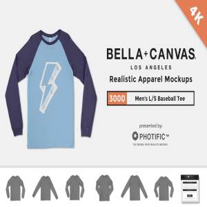 长袖篮球帆布T恤样机模板 Bella Canvas 3000 Baseball Tee