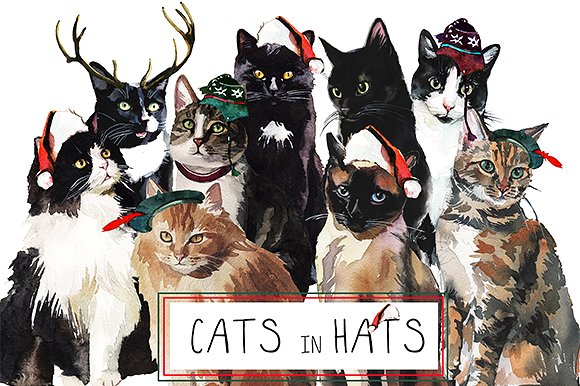 手绘水彩猫咪素材剪贴画合集 Watercolor Cat Illustration Clipart