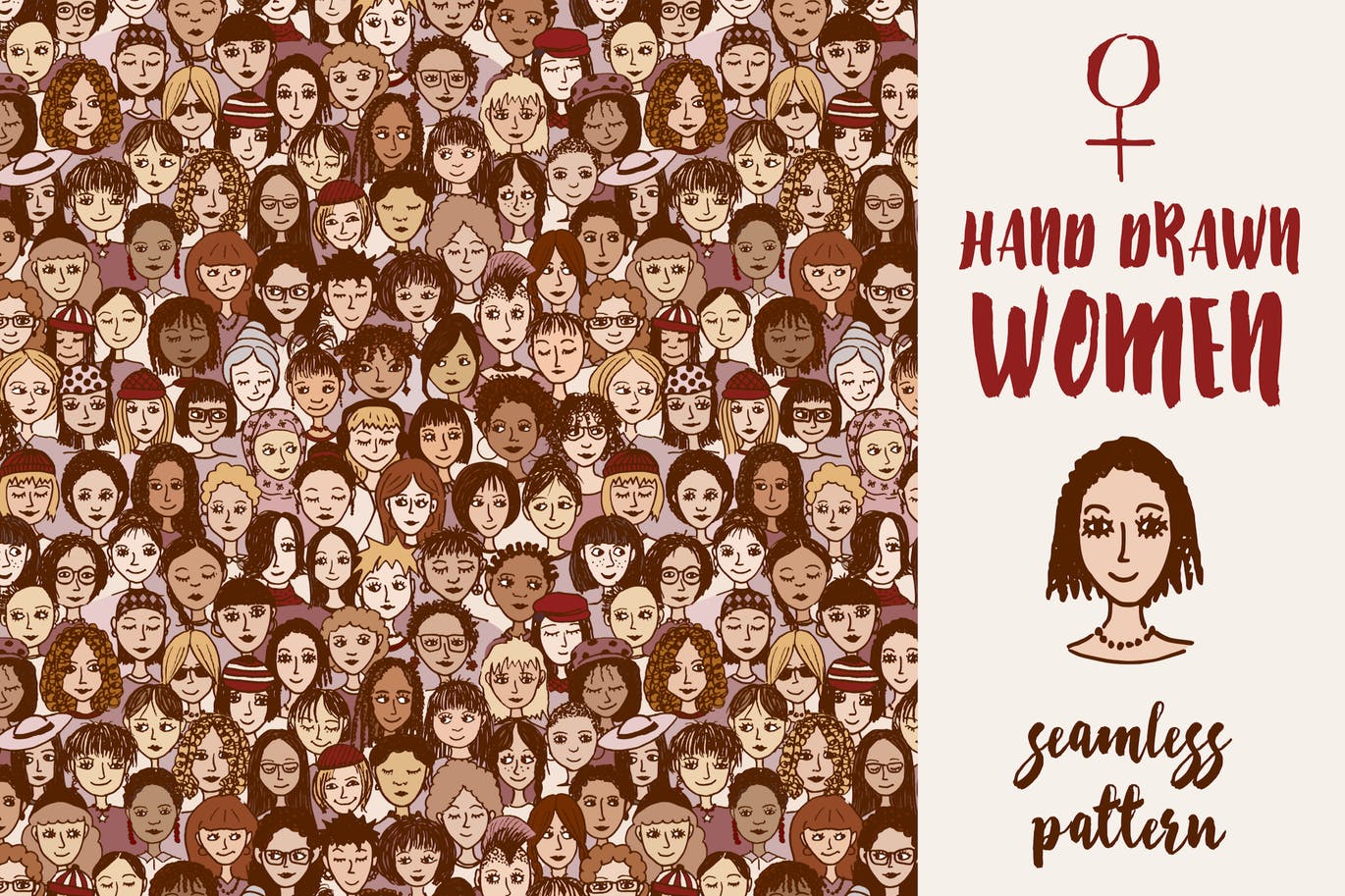 女性头像无缝手绘图案矢量背景素材 Happy Women – Seamless Hand Drawn Pattern