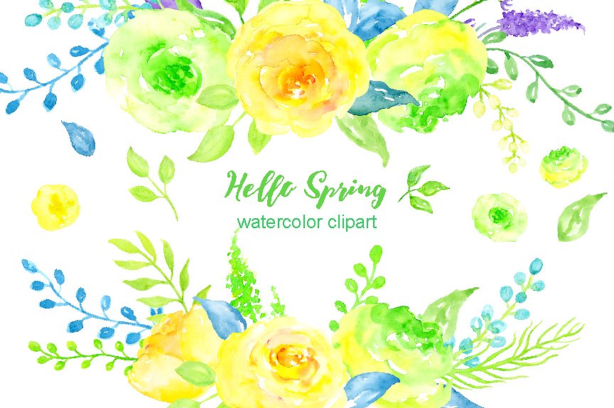 “您好，春天”-水彩花卉剪贴画 Watercolor Clipart Hello Spring