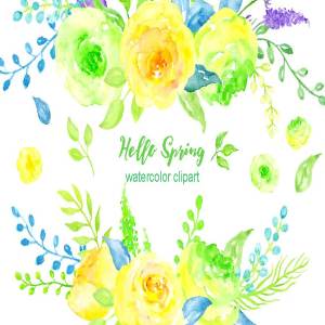 “您好，春天”-水彩花卉剪贴画 Watercolor Clipart Hello Spring