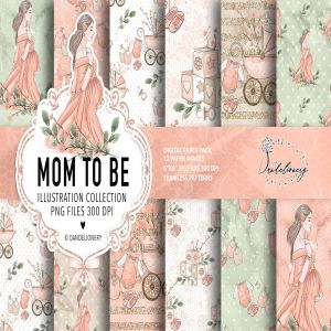 母婴新生儿主题数码纸张图案设计背景素材 Mom to be Maternity digital paper pack