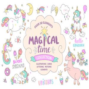 可爱的手绘风格卡通插画 Magical time. Unicorns.