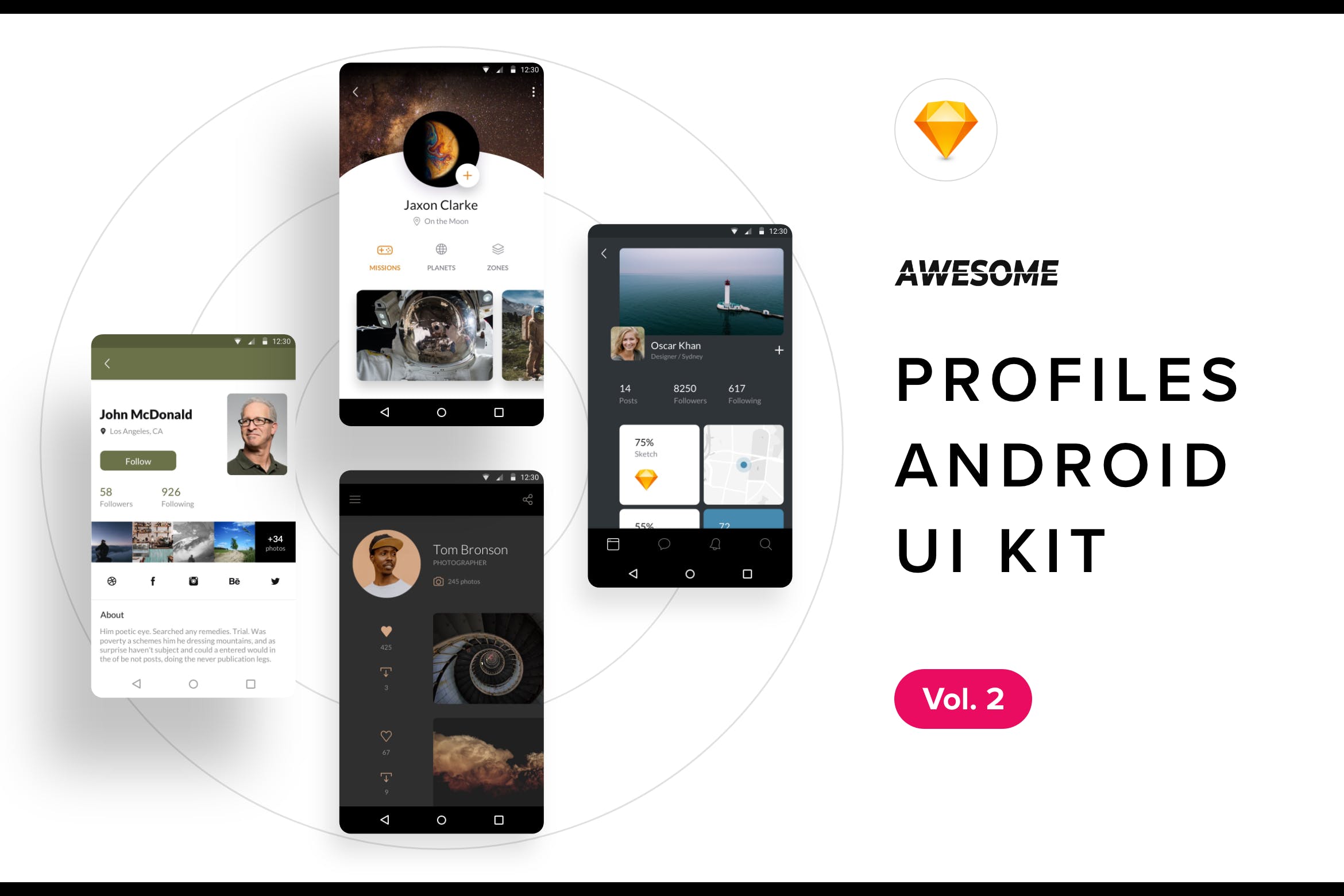 社交APP应用用户中心界面设计模板v2[SKETCH] Android UI Kit – Profiles Vol. 2 (Sketch)