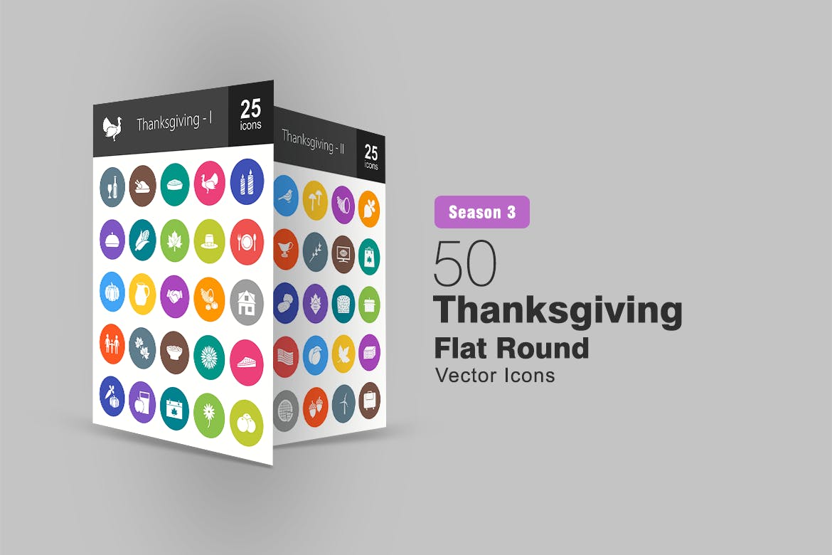 50枚感恩节主题扁平风矢量圆形图标 50 Thanksgiving Flat Round Icons