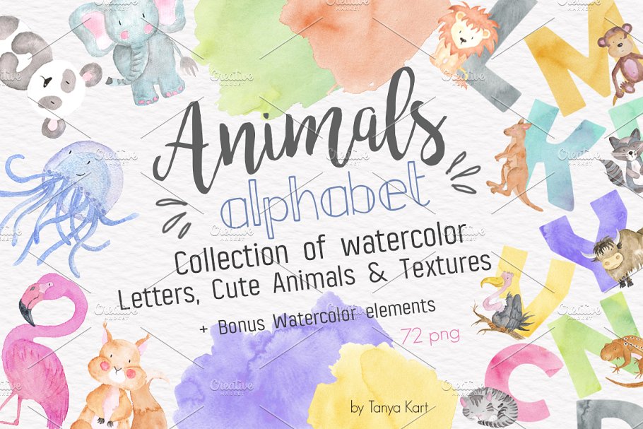 字母、可爱动物水彩图案&纹理 Alphabet Watercolor Animals Kit