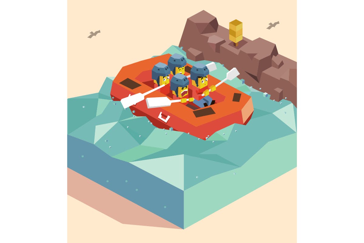 河上漂流冒险活动2.5D插画素材 Rafting on River