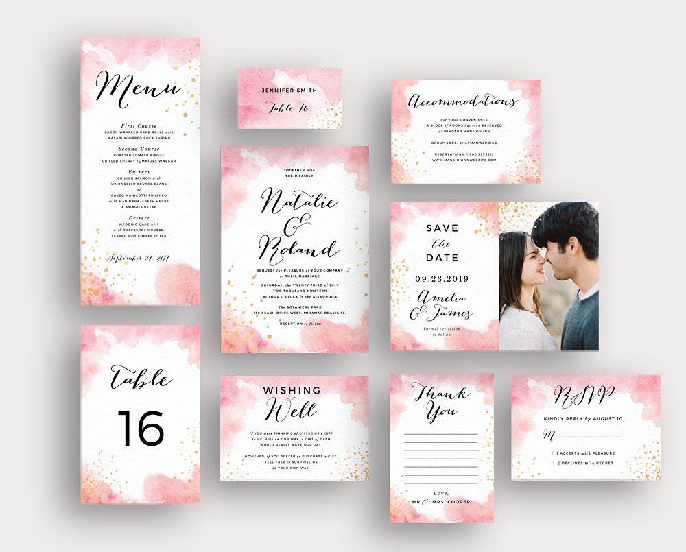 桃红色水彩婚礼邀请物料设计套装 Peach Watercolor Gold Splashes
