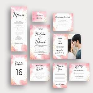 桃红色水彩婚礼邀请物料设计套装 Peach Watercolor Gold Splashes