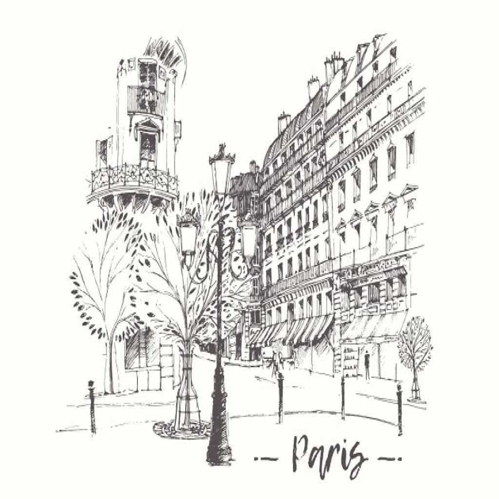 平面图形 手绘插画 法国巴黎街景素描图形 streets of paris, france