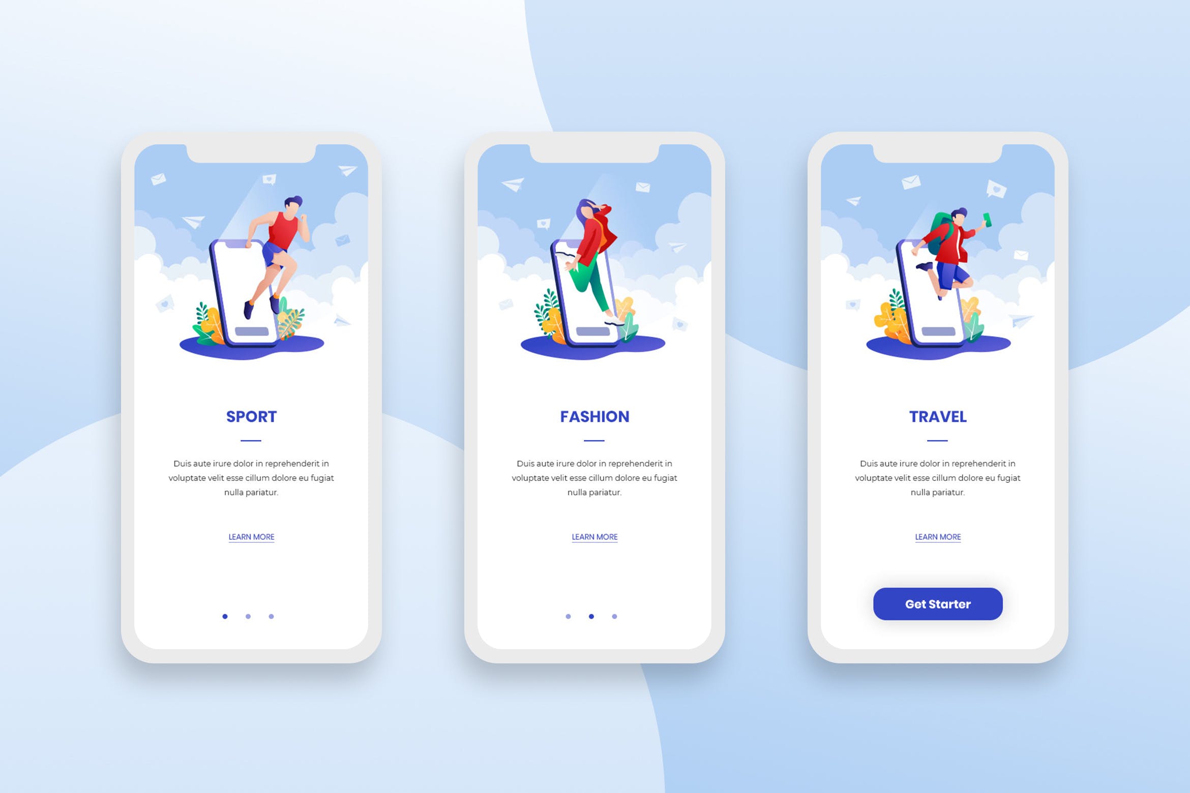 运动/旅游/时尚多主题插画APP应用启动页设计模板 Onboarding Screens Mobile App