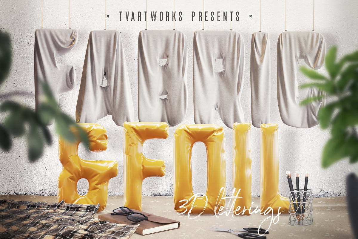 3D时尚铝箔&织物字体素材 Foil & Fabric Lettering Duo
