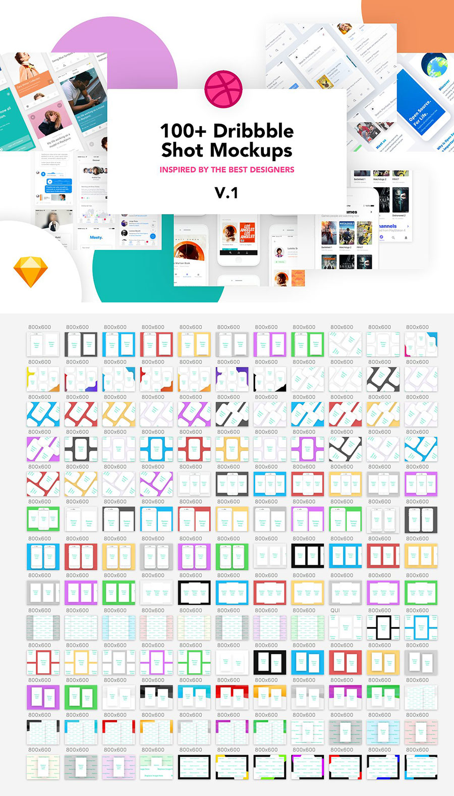 一流设计素材网下午茶：好用的Dribbble（追波）APP设计缩略图模板Mockups下载[For Sketch]