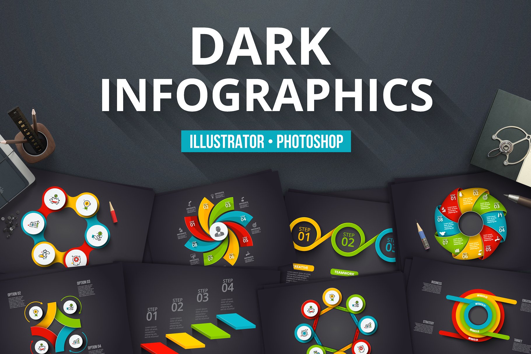黑色背景信息图表矢量模板 Dark infographics