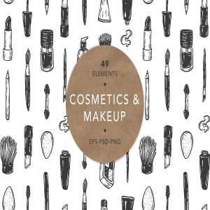 手绘化妆工具矢量图形素材 Cosmetics and makeup. Illustrations.